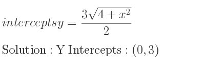 The intercepts of y=(3sqrt(4+x^2))/2 is Y Intercepts: (0,3)